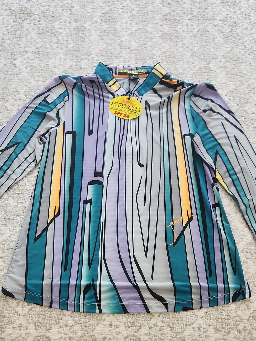 jamie sadock sunsense Lavender & Teal Geometric Zip-Front Long Sleeve Polo - Picture 3 of 6